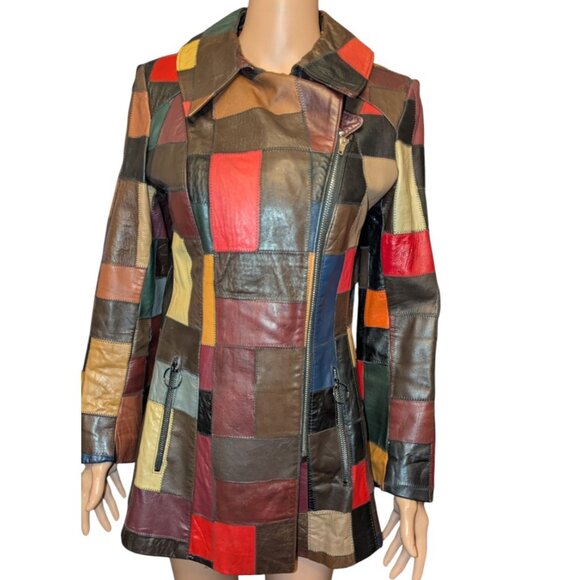 La Vogue Patchwork Leather Jacket Vintage Women Size 10 Multi-Colored 3/4 Length - Picture 4 of 10